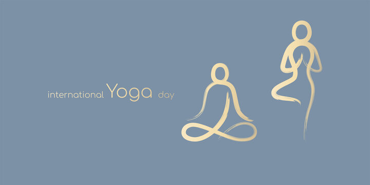 International yoga day, yoga body poses by abstract brush stroke paint gold isolated on pastel blue background. Vector illustration design for banner.