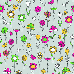 Seamless vector pattern with hand drawn floral bloom on grey silver background. Simple flower meadow wallpaper design. Decorative baby fashion textile.