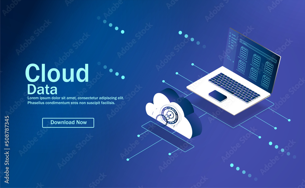 Poster the concept of cloud computing. secure data exchange on a laptop. illustration of cloud technologies