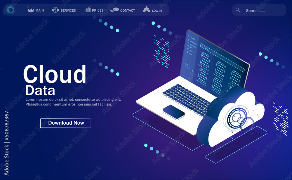 Poster the concept of cloud computing. secure data exchange on a laptop. illustration of cloud technologies
