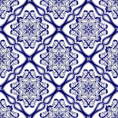 Azulejo traditional Italian tiles. Dark blue watercolor pattern. 