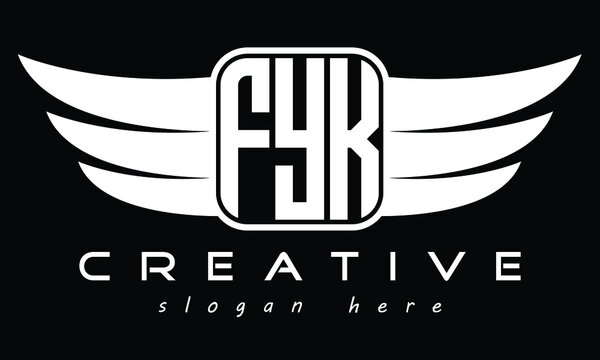 FYK three Letter Wings Flying Initial wing symbol minimalist creative concept flag icon professional logo design Vector template