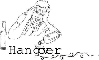 Wine logo, Drunk man vector, Sketch drawing of hangover man, line art silhouette of headache of man after driking wine