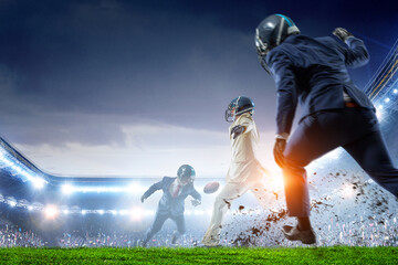 Businessman acting as american football players