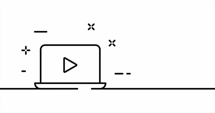 Watch film on the laptop. Movie, series, play button, pause, player, internet, online, cinema. Entertainment concept. One line drawing animation. Motion design. Animated technology logo. Video 4K