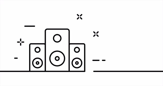 Speakers, turn it up, loud, listen to music, hobby, dance, sing a song, have a rest. Entertainment concept. One line drawing animation. Motion design. Animated technology logo. Video 4K