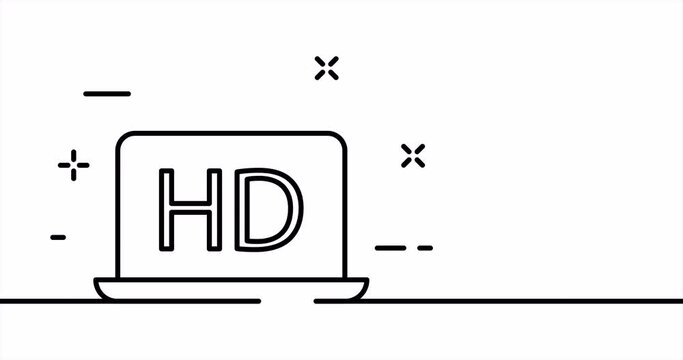 Watching movie in HD. Film, watch, series, high resolution, display, laptop, screen. Entertainment concept. One line drawing animation. Motion design. Animated technology logo. Video 4K.
