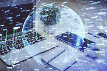 Double exposure of business theme icons and work space with computer background. Concept of success.