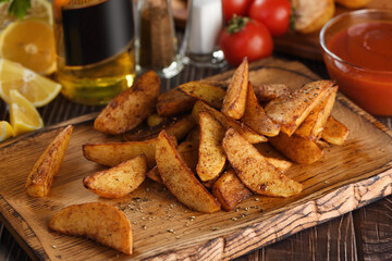  Rustic spicy fried potato slice on a wooden plate, with tomato sauce and beer