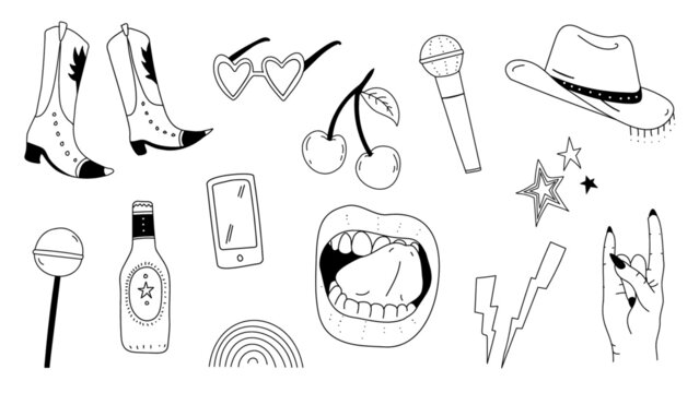 Music festival summer illustration set. Fun indie doodle style. Glam rock 