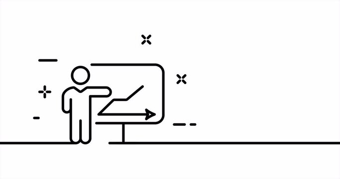 Employee with flip chart. Statistics, arrow down, decrease, report, man. Business concept. One line drawing animation. Motion design. Animated technology logo. Video 4K