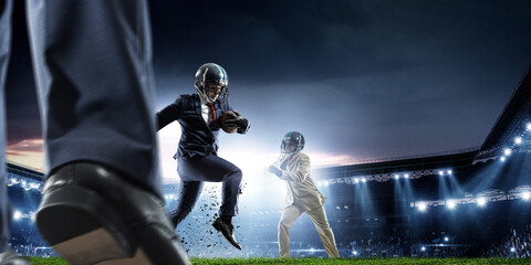 Businessman acting as american football players