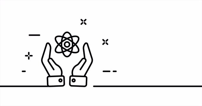 Hands holding atom. Nuclear energy, power plant, electricity, eco, nature. Ecology concept. One line drawing animation. Motion design. Animated technology logo. Video 4K