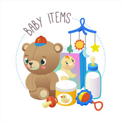 Collection of baby items and supplies. Goods sold in the baby section of a store. Isolated vector illustrations.