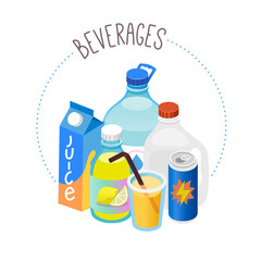 Circle label for beverages department of a grocery store or online  marketplace. Isolated vector illustration with group of cans bottles cartons and glasses. 