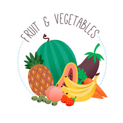 Circle label for fruit and vegetables section of a grocery store or online  marketplace. Isolated vector illustration with a pile of organic goods