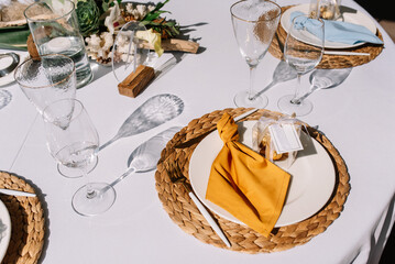Stylish wedding table decoration and table setting. Vintage blue flowers