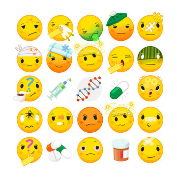 Collection of health issues and illness symptoms emoticons. Health care and treatment emoji. Isolated vector emoji for clinic infographics.  Part 2 of 2