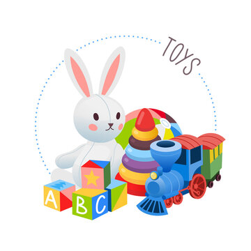 Collection of toys. Circle label for a toys and games goods at supermarket department or online store. Isolated vector image.