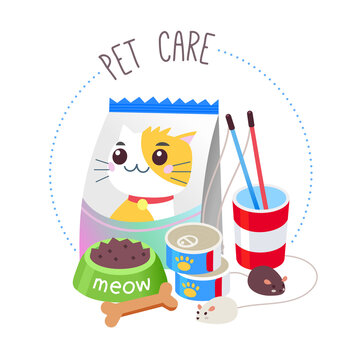 Circle label for pet supplies section of a grocery store or online  marketplace or shop. Isolated vector illustration with a pile of foods, toys and accessories. 
