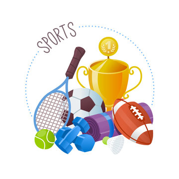 Collection of sports equipment commonly sold at a supermarket. Circle label for a sports goods department or online store. Isolated vector image.