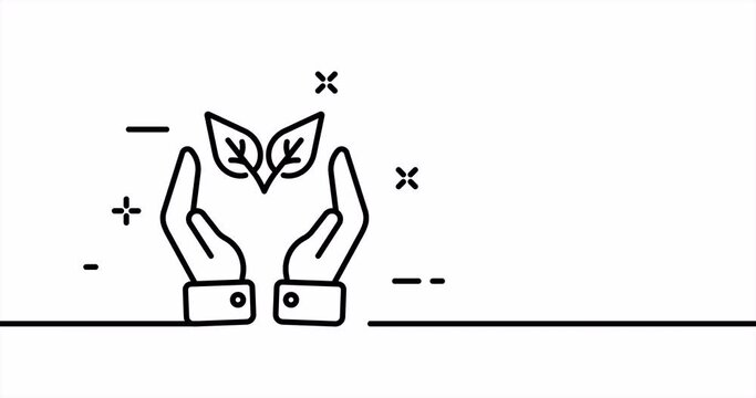 Hands holding plant. Leaf, leaves, green, eco, save the planet, nature, clean environment. Ecology concept. One line drawing animation. Motion design. Animated technology logo. Video 4K