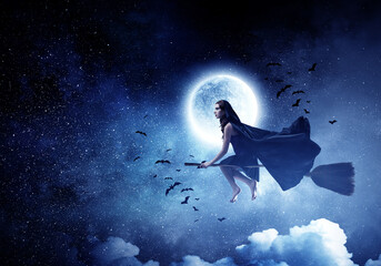 Fototapeta premium Witch on the broom . Mixed media