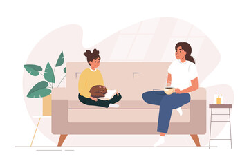 Mother and teen daughter talking. Mom and happy girl sitting on sofa at home and chatting together. Teenager and parent communication concept. Flat vector illustration isolated on white background