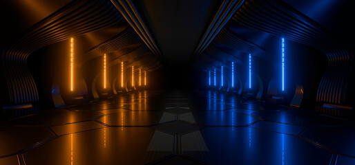 Sci Fy neon lamps in a dark corridor. Reflections on the floor and walls. 3d rendering image.