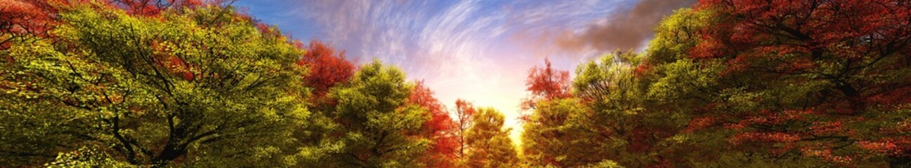 Naklejka na ściany i meble Autumn landscape, autumn forest in the sun, 3d rendering