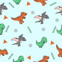 Naklejka premium cute many colorful dinosaur animal seamless pattern colorful object wallpaper with design greenish blue.