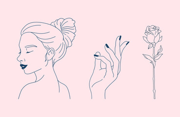 美容のイメージイラスト. 女性の横顔, マニキュアを塗った指, 薔薇の花. シンプルな線画. ベクターイラストのアイキャッチ. ピンクの背景.
