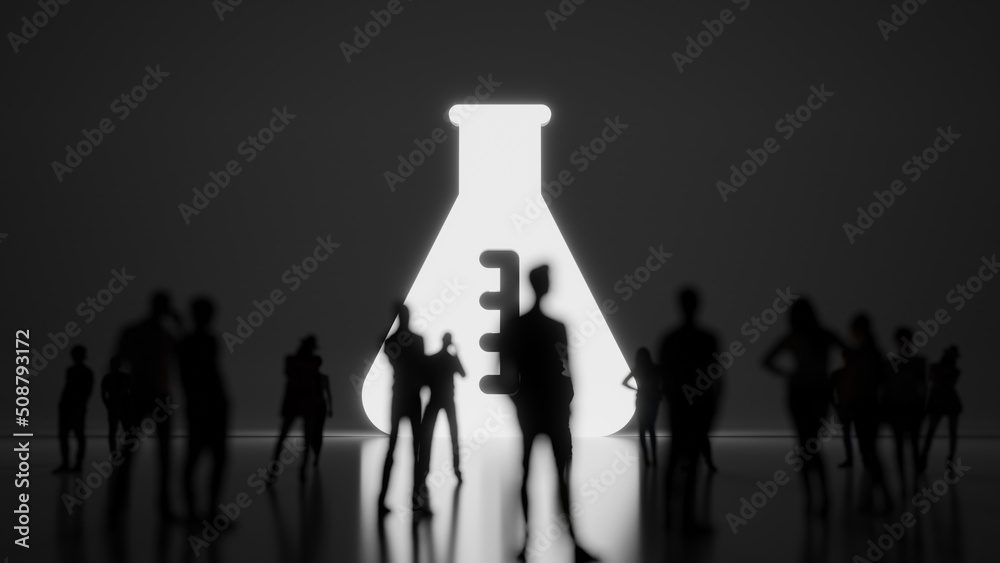 Sticker 3d rendering people in front of symbol of chemical flask on background