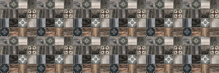 Fototapeta na wymiar Abstract brown gray square mosaic tiles mirror, tile wall texture background banner panorama, with flowers and wood print