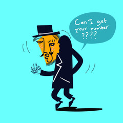 Man walking with hat and tuxedo line art icon, character vector illustration.
