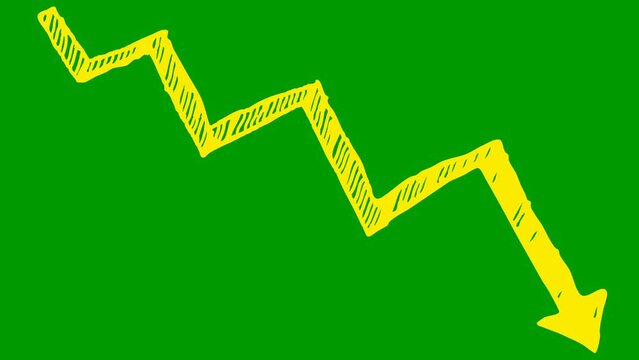 Animated yellow arrow. Recession chart of economy. Economic crisis, recession, decrease graph. Profit down. Hand drawn vector illustration isolated on green background.