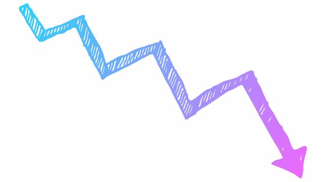 Animated pink and blue arrow. Recession chart of economy. Economic crisis, recession, decrease graph. Profit down. Hand drawn vector illustration isolated on white background.