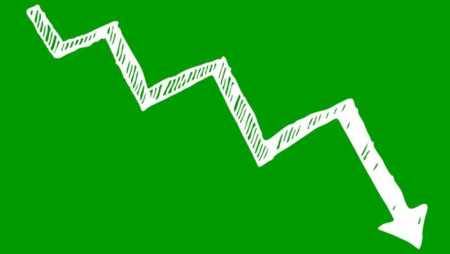 Animated white arrow. Recession chart of economy. Economic crisis, recession, decrease graph. Profit down. Hand drawn vector illustration isolated on green background.