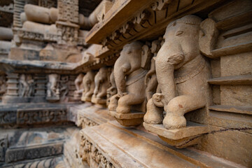 Excellant elephant sculptures made from rock on the temples of Khajuraho, Madhya Pradesh.