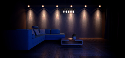 Dark Cozy Minimalist Living Room With Big White Leather Sofa Couch And Table Wooden Floor Empty Space Glowing Spot Lights Blulbs Night Blue Light 3D Rendering