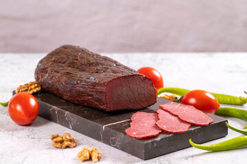 Dry meat. Dried meat made from ribeye meat. Close-up. local name kuru et