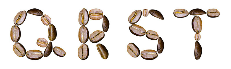 Letters Q, R, S, T from coffee beans on a white background