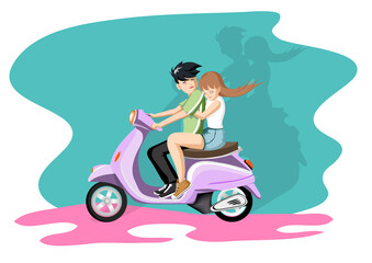 Fototapeta na wymiar Young happy free couple in love on scooter, Cartoon Vector flat design isolate on white background