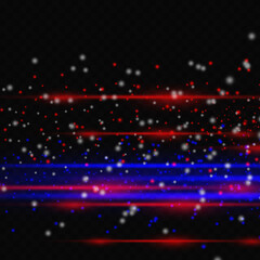 Blue and red horizontal highlights. Laser beams, horizontal light beams. Beautiful flashes of light, splashes of dust, design effect. Glowing stripes on a transparent background