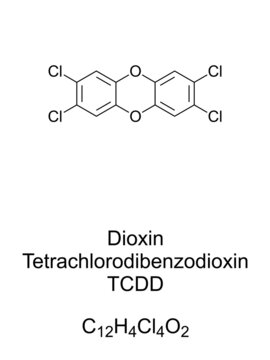 Dioxin, TCDD, Tetrachlorodibenzodioxin, chemical formula and structure. Organic pollutant. Known as contaminant in herbizide Agent Orange. It was released into the environment in the Seveso disaster.