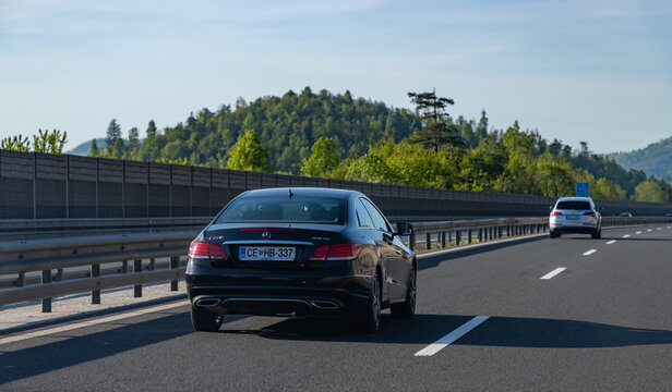 Ljubljana, Slovenia - May 11, 2022: A picture of a Mercedes Benz E 220 Bluetec on a Slovenian highway.