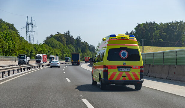 Ljubljana, Slovenia - May 13, 2022: A picture of an ambulance on a Slovenian highway.