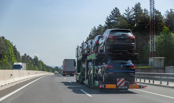 Ljubljana, Slovenia - May 13, 2022: A picture of a car transporter truck on a Slovenian highway.