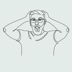 The doubled man in glasses raised his hands to his head. business single line drawing