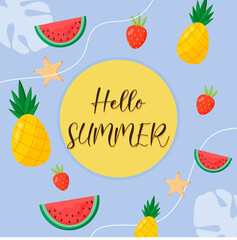 Hello summer banner with exotic fruits and abstract elements. Flat vector illustration